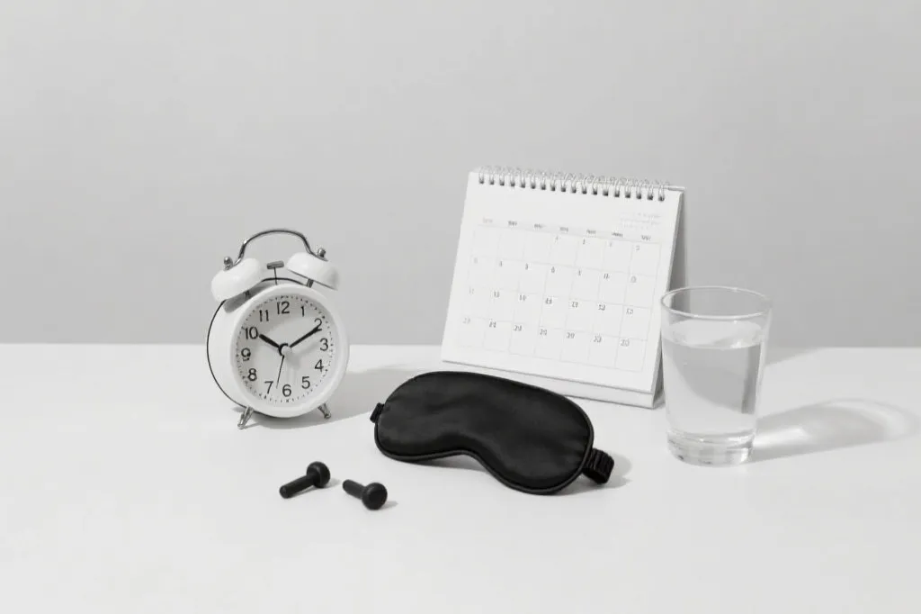 简洁的时间管理日程表与闹钟、咖啡杯，旁边放着耳塞和眼罩